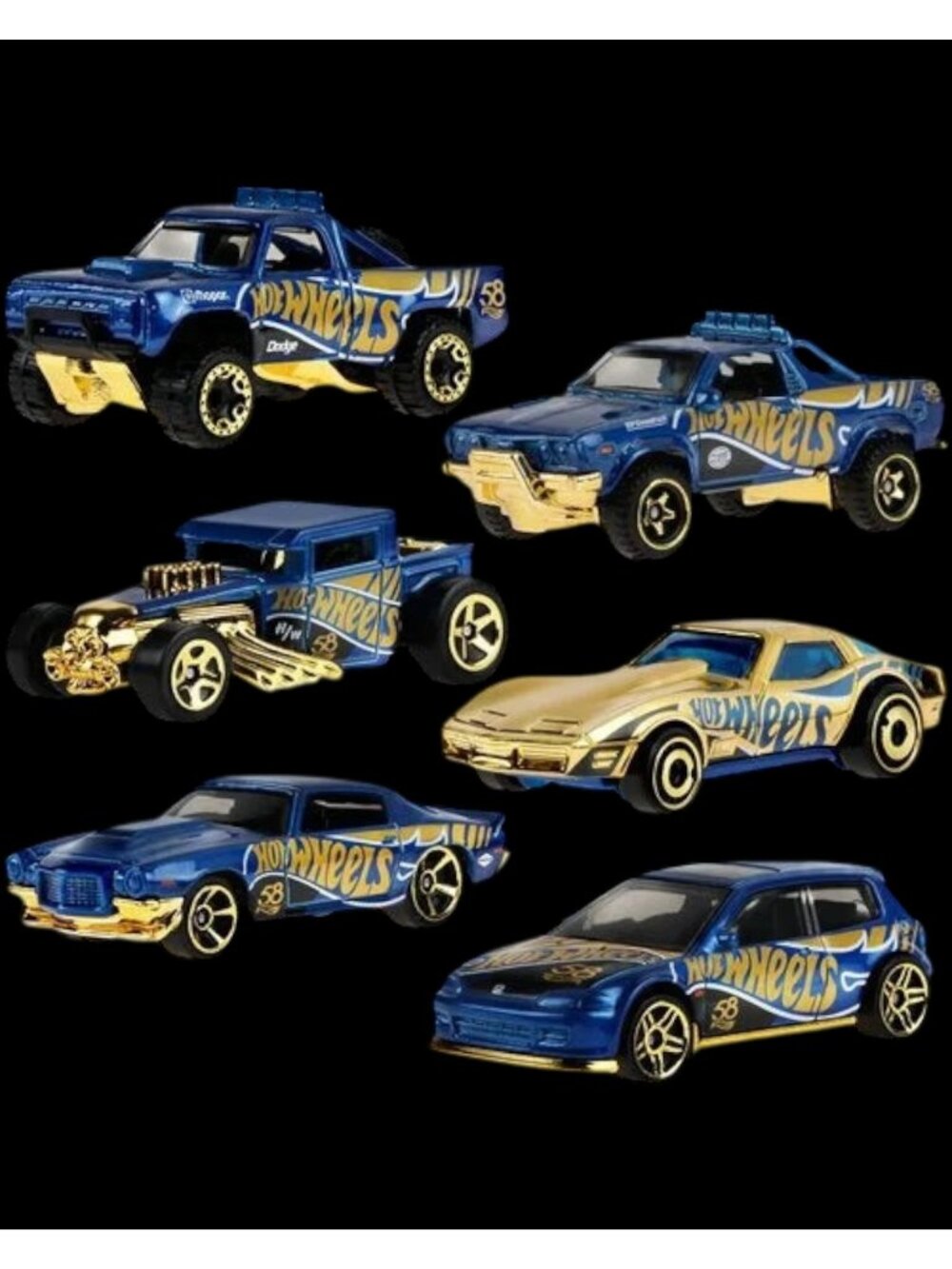 Hot Wheels 58th Anniversary Blue Series 6 Car Set 1 64 Scale Gold Corvette Chase